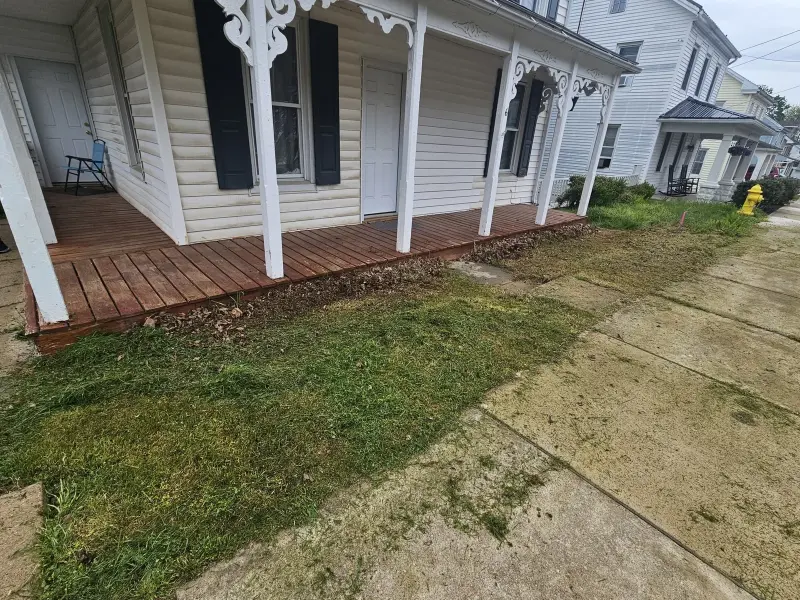 Freshly cut grass along a sidewalk in front of a porch with clippings visible on the concrete