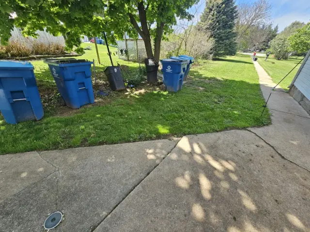 Side yard with grass area and several trash bins lined up near a tree beside a concrete driveway